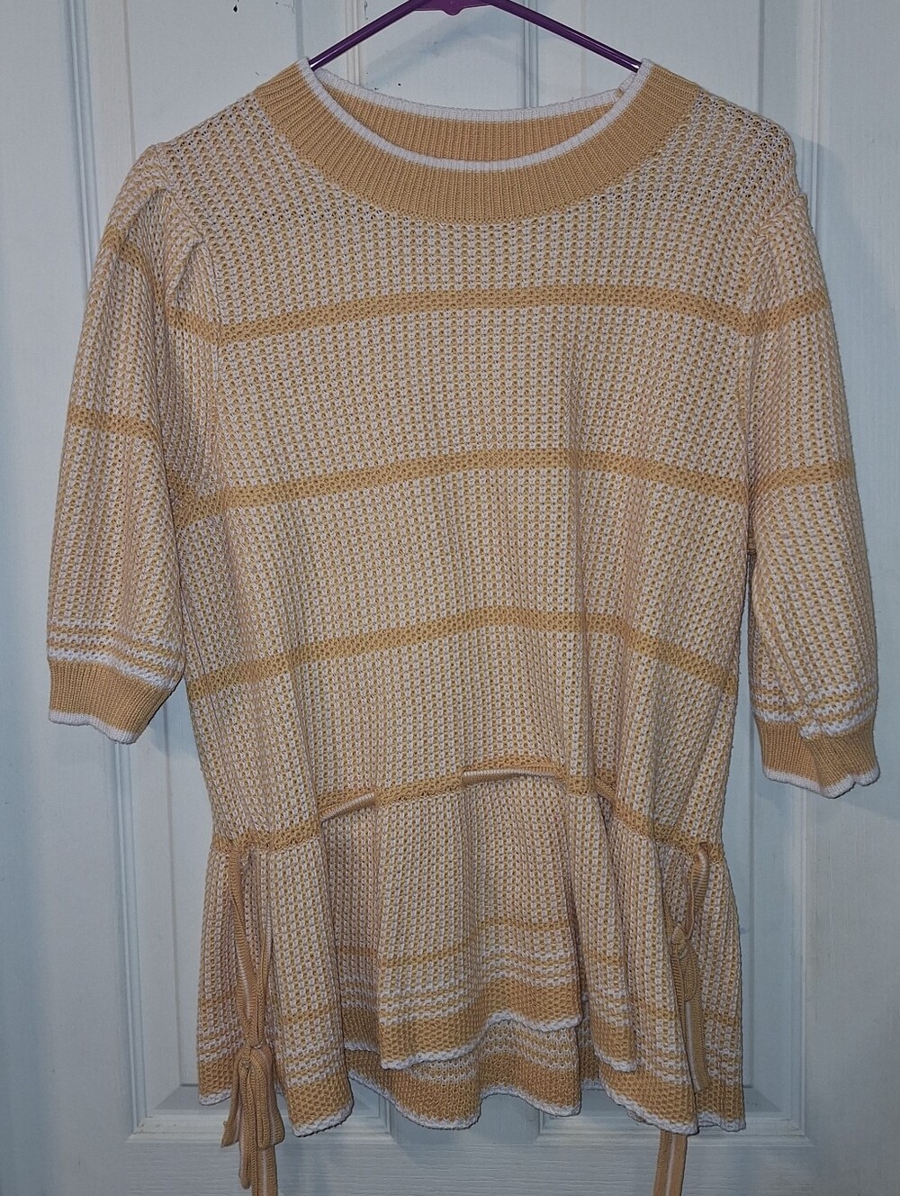 Another Love Short Sleeve Striped Mustard Yellow and White Knit Peplum Sweater